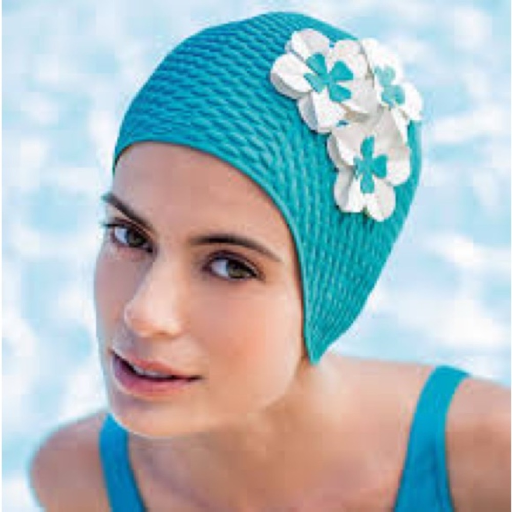 Blue and Cream Floral Vintage Women's Swim Cap